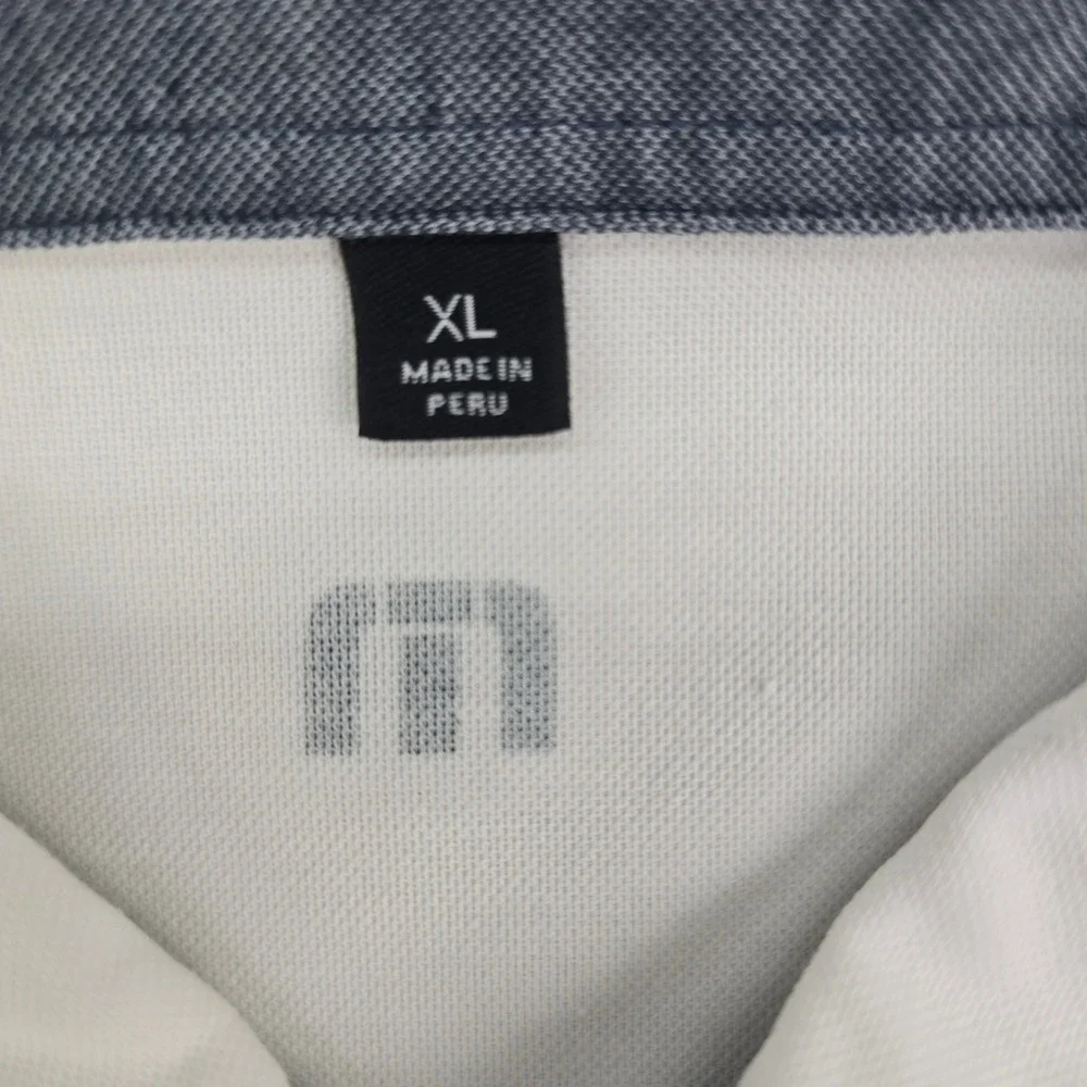 Travis Mathew Colorblock Polo Shirt Mens XL White Blue Pima Cotton Golf Luxury